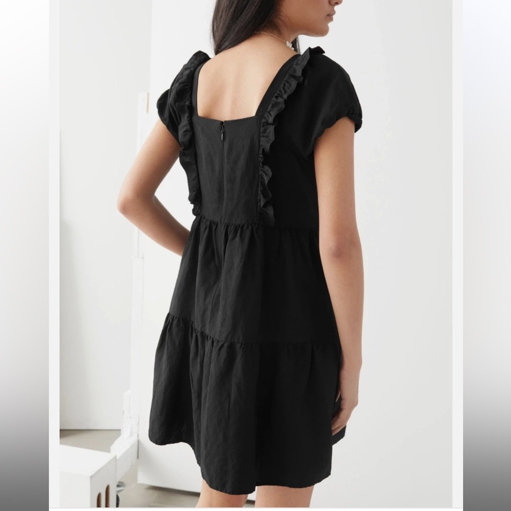 & Other Stories Dress Black Womens Linen Babydoll Tiered Short Sleeve Ruffle M